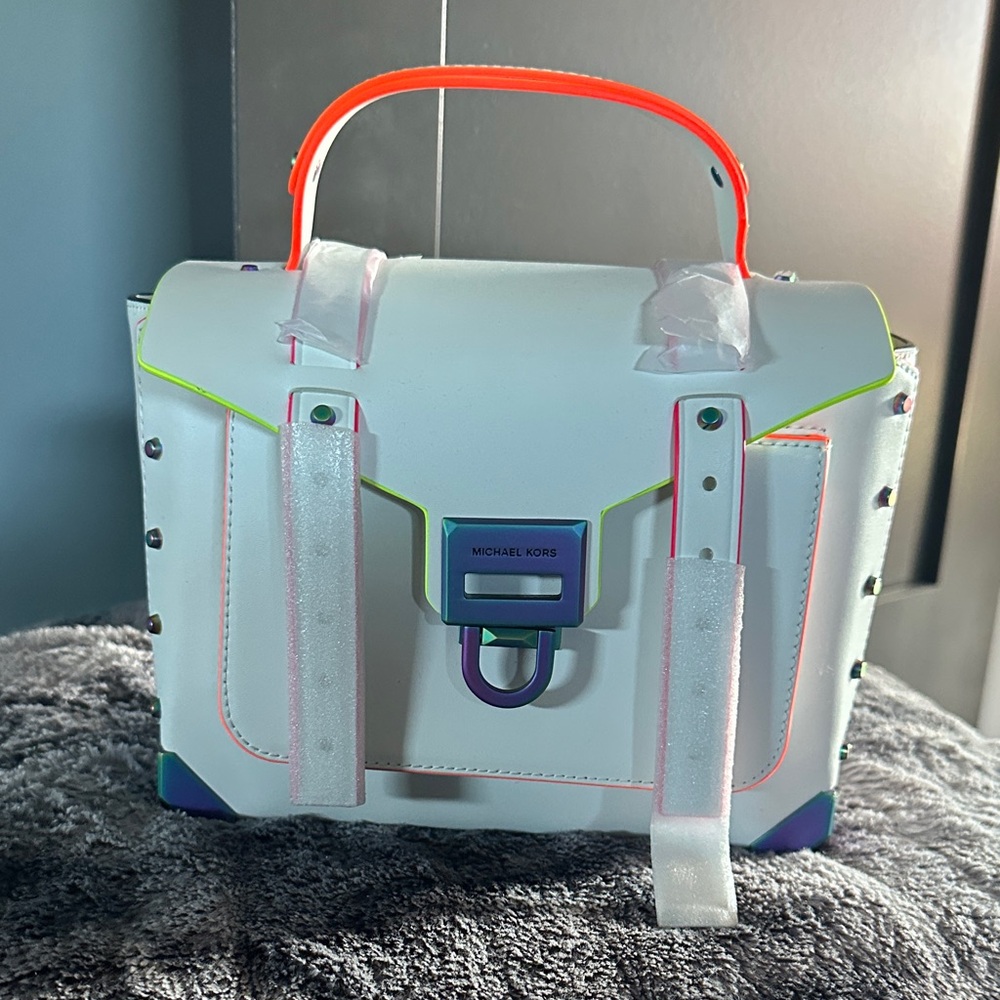 Michael Kors White Manhattan Satchel with Purple and Orange Accents